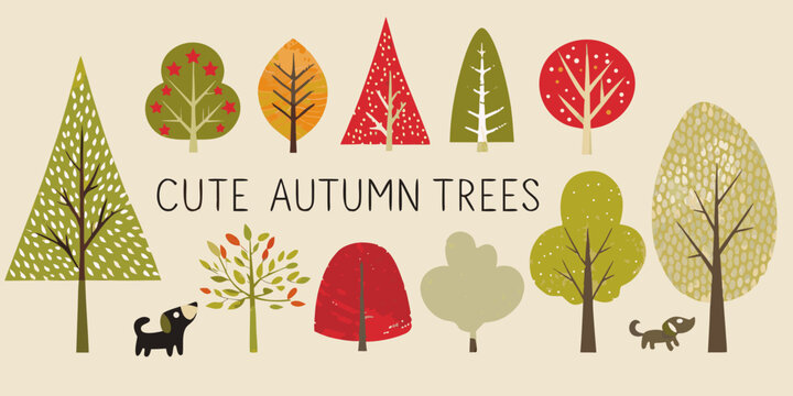 autumn trees in flat illustration style with dogs seasonal fall foliage tree collection canine pups natural vector graphic design artwork simple minimalist colorful