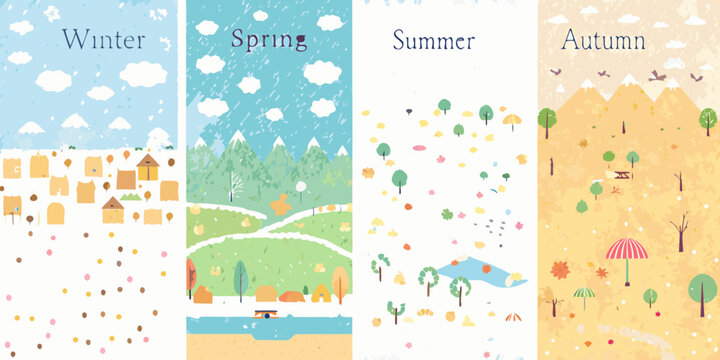 seasonal landscapes in flat vector style winter spring summer autumn illustration design seasons weather nature trees houses snow rain flowers clouds sky mountains