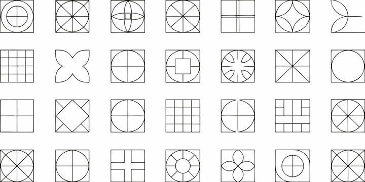 grid of minimalist geometric shapes on white background design layout abstract art simple lines circle square triangle ellipse rectangle pattern symmetry monochrome black