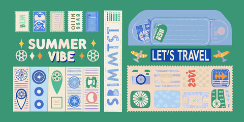 travel stickers in colorful retro style design summer vibe boarding pass vacation theme illustration vector art holiday mood adventure spirit tourism industry graphic © Asit