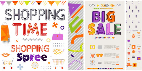Naklejka premium shopping time poster with colorful patterns and icons sale big promotional retail marketing consumerism fashion design graphic illustration vector banner advertising discount offer