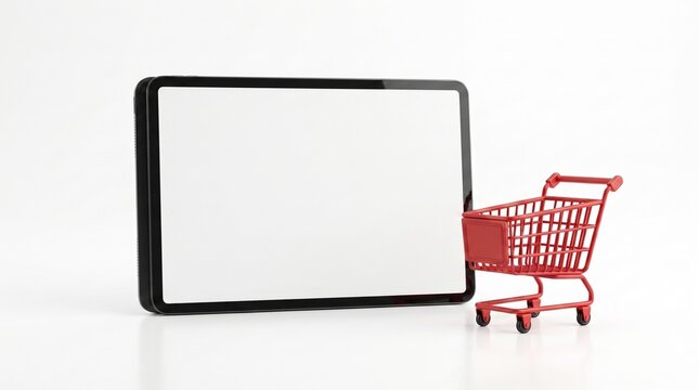 A modern tablet device with a blank screen stands next to a miniature red shopping cart. Isolated on a white background