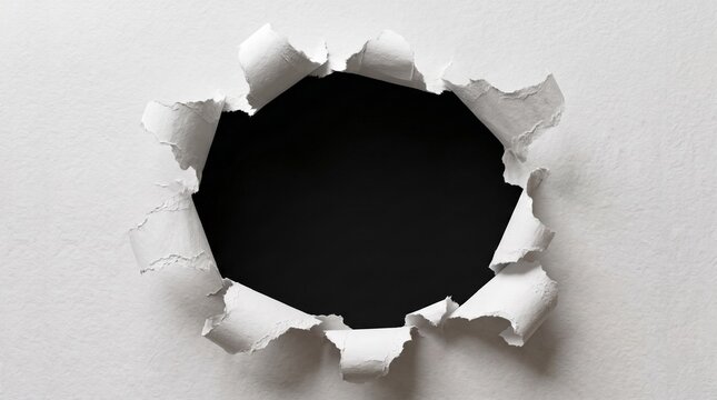 A ripped hole in a white wall revealing a black background, suggesting mystery and disruption. 