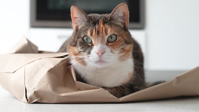 Relaxed domestic calico cat resting on paper bag after playing, looks at the camera with interest, tricolor kitty chilling on shopping bag at home. Feline habits. Pet life
