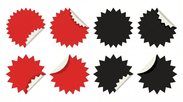 A collection of starburst shaped stickers, some peeled back to reveal a white backing. Isolated on a white background