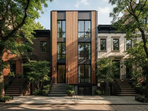 Contemporary townhouse with wood cladding and central glass wall