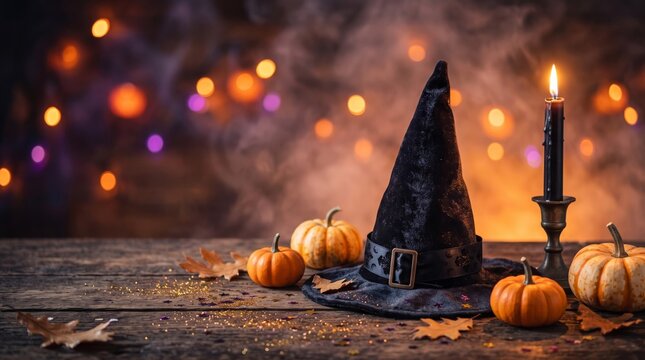 Black witch hat with candles and pumpkins on a rustic wooden table for Halloween celebration. Mysterious holiday decoration with autumn fall leaves and magic atmosphere concept background, copy space