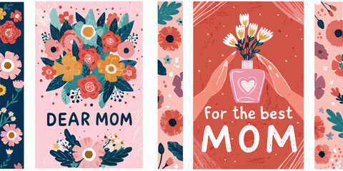 mother s day floral posters vector illustration mothers flowers mom dear best handheld vase bouquet petals leaves greeting cards sentimental celebration family love © Asit