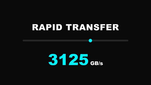 Dynamic data transfer speed indicator animation with increasing gigabytes per second, representing rapid information flow and technological advancement, symbolizing high-speed connectivity