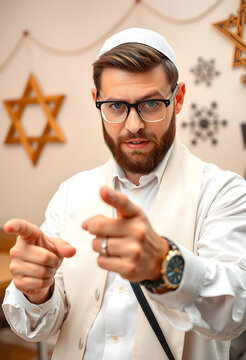 Young jewish man with beard and glasses pointing forward wearing a kippah and tallit katan with star of David, a star of David is visible in the blurred background, religious identity and tradition