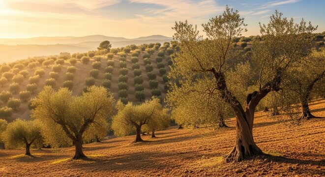 Sun kissed olive groves on rolling hills at dawn