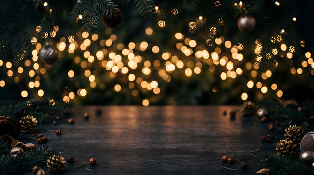 Empty wooden table with blurred sparkling golden christmas lights in background, winter celebration mockup