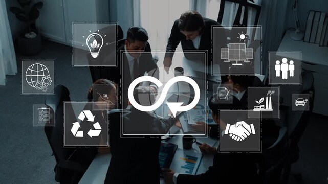 Diverse business team collaborates in a modern office, surrounded by icons of sustainability, innovation, and growth, emphasizing eco-friendly solutions for the future. Raster
