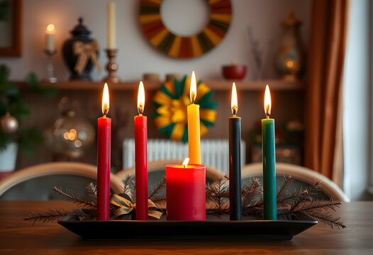 Kwanzaa kinara with seven lit candles in red, black, and green, african american heritage and celebration