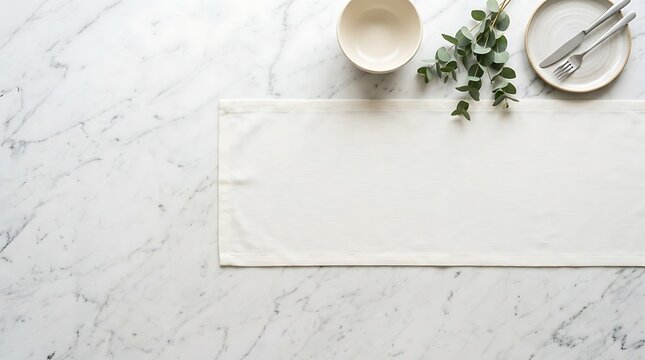 Minimalist table setting with white linen runner on marble surface