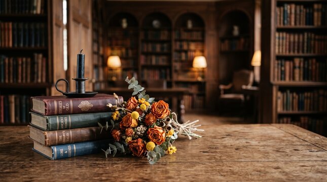 Stack of old books with black candle and autumn flower bouquet on wooden desk in vintage library. Background for Halloween reading, cozy dark academia atmosphere, literacy concept, copy space