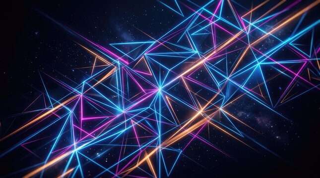 Neon glowing geometric triangles forming abstract patterns with vibrant blue pink and orange light rays