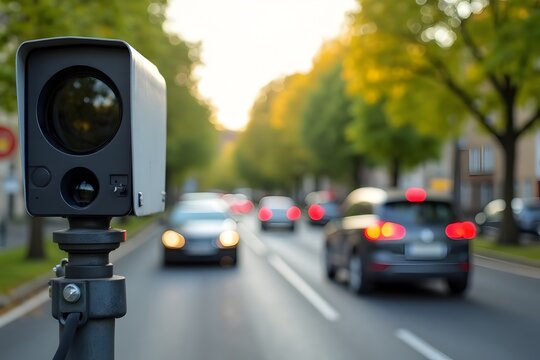 Blitzer mit unscharfem Stadtverkehr im Hintergrund