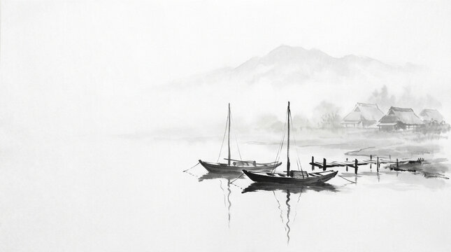 Traditional Japanese Sumi-e Fishing Village Harbor Dawn Mist Ink Painting