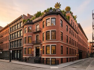 Obraz premium Red brick corner apartment building with rounded facade