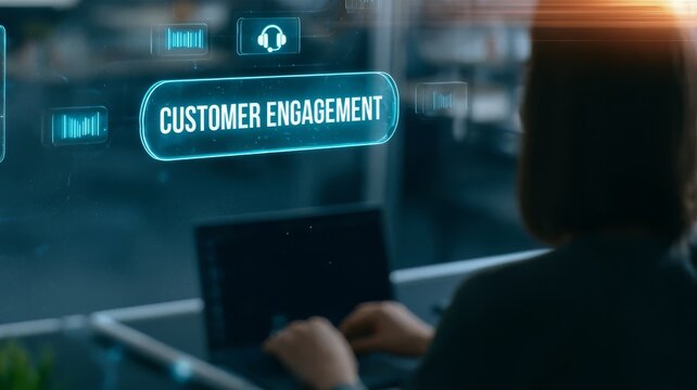 Professional customer engagement software interface with digital dashboard icons for business support solutions.