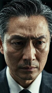 Close-up Portrait of a Serious Middle Aged Asian Businessman with Grey Hair in a Professional Suit