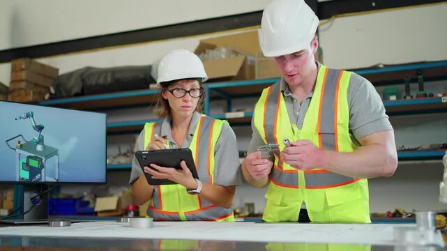 Engineering professionals analyze digital manufacturing models and technical drawings using a tablet and computer. Concept of robotic.
