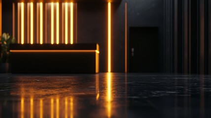 Naklejka premium Modern office reception lobby interior with dark marble floors and glowing amber led strip lighting fixtures design concept.