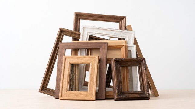 A creatively arranged pile of diverse empty wooden picture frames in various sizes and finishes, ready for display or artistic projects