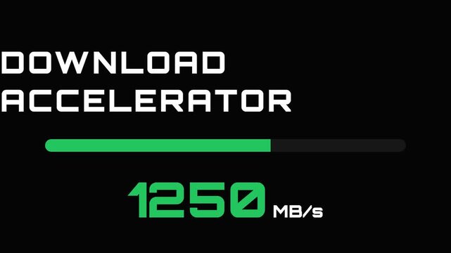 Dynamic download accelerator animation with a vibrant green progress bar rapidly filling and increasing data transfer speeds on a sleek black background, symbolizing digital efficiency and high-speed