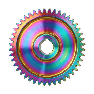 Iridescent metal gear isolated on white. Rainbow titanium cogwheel for mechanical design.