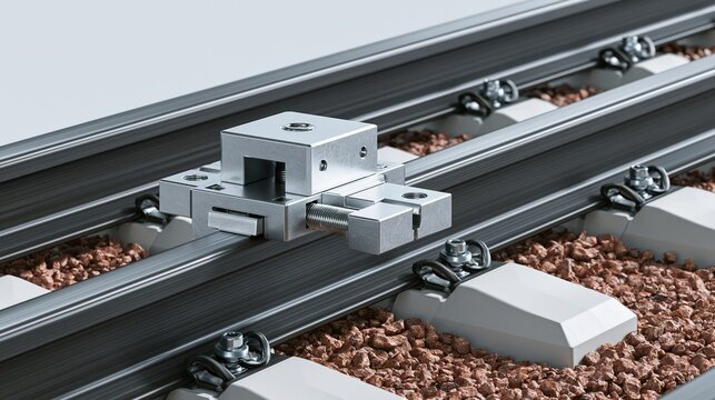 Closeup of precision machined stainless steel clamping fixture mounted on parallel metal railway tracks with gravel ballast modern industrial engineering equipment