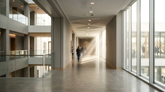 Modern Office Building Hallway with Sunlight and People