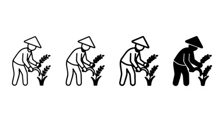 Fototapeta premium Rice Farmer Icons, Asian Agriculture Harvest Symbols, Simple Line Art Collection