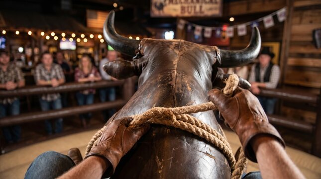 Man riding mechanical bull in a rustic bar. Cowboy holding onto a rope with gloved hands during a rodeo attraction challenge. Entertainment amusement activity for adults in a western venue