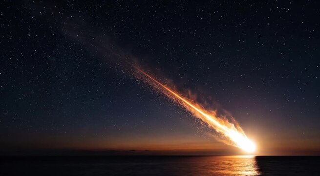 Dramatic Shooting Star Meteor Striking the Horizon Over a Calm Ocean Under a Starry Night Sky