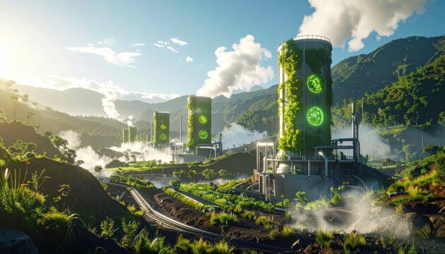 Futuristic green bio-domes and industrial structures in lush green mountain landscape at sunrise