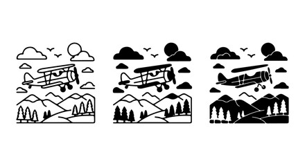 Retro Biplane Flight Over Mountains, Vintage Aviation Scene, 3 Line Art Variations © mg