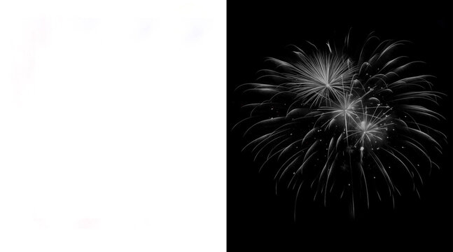 Monochrome fireworks display on black background, white pyrotechnic explosions with alpha mask, festive light bursts for holiday celebration and event design
