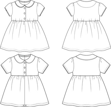 Charming baby girl frock dress collection featuring Peter Pan collar and short puff sleeves for childrenswear apparel tech pack vector flat sketch template