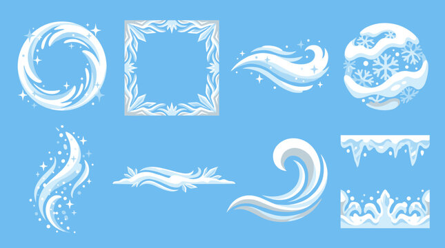 Set of winter magic effects, snowy frames, swirling wind, frost particles, icy borders, frozen magic elements for game assets and festive designs