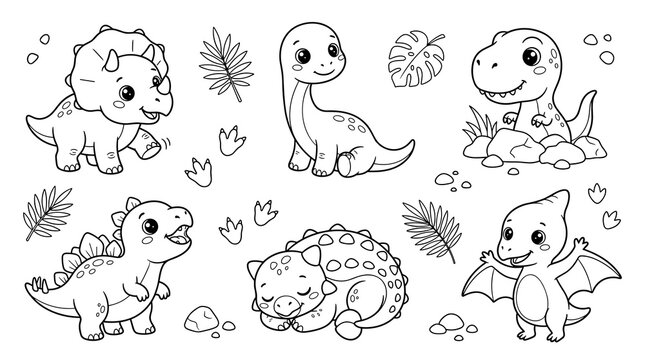 Set of cute dinosaur line art illustrations for coloring book pages featuring baby animals, prehistoric creatures, foliage, playful jungle theme