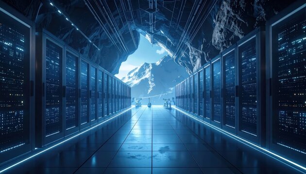 Futuristic data center inside a mountain cave with snowy mountains visible outdoors