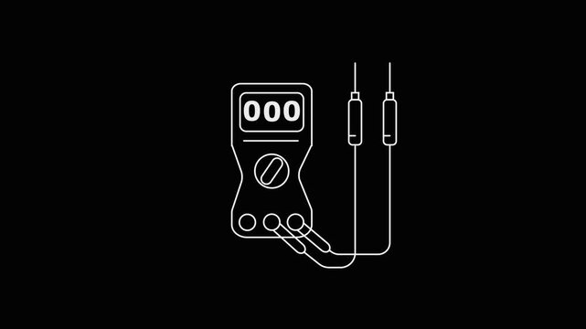 A minimalist white line of a digital multimeter with two probes and wires on a solid black background representing electrical testing and measurement equipment.
