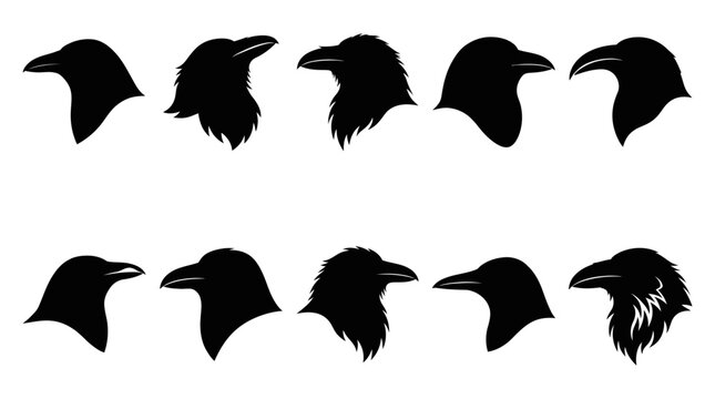 Spooky Halloween Raven Head Silhouette Vector Crow head set