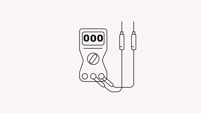 A clean and simple black line of a digital multimeter with two probes and wires, presented on a very light gray or off-white background, technical documentation.