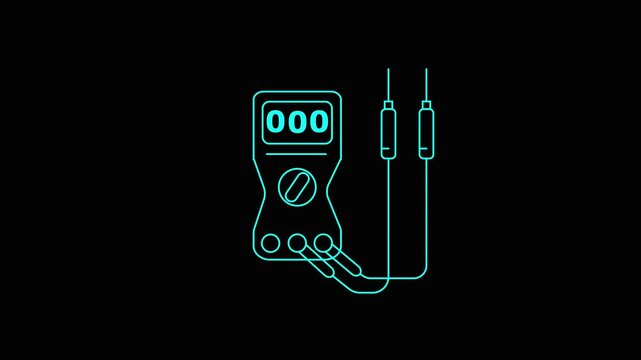 A vibrant cyan neon line of a digital multimeter with two probes and wires, set against a stark black background, symbolizing electrical testing and modern.