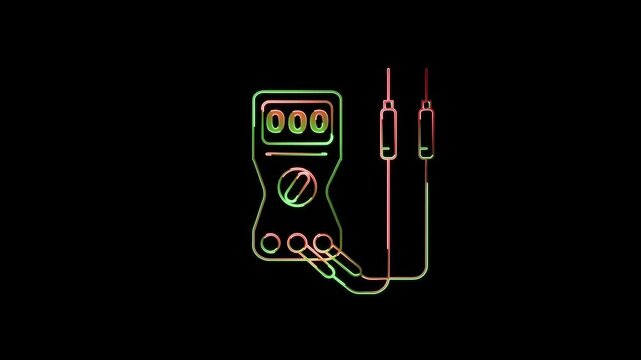 A vivid neon outline of a digital multimeter with probes and wires, displaying a color gradient from red to green against a black background, symbolizing electrical.