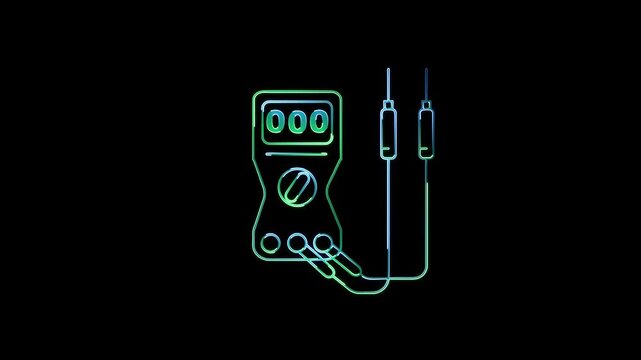 A dynamic neon outline of a digital multimeter with probes and wires, showcasing a gradient of blue and green light against a black background, representing.