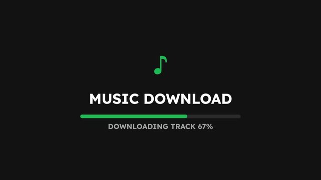 Dynamic music download progress bar animation with musical note icon and percentage counter, symbolizing digital media acquisition and online content streaming, for technology and entertainment